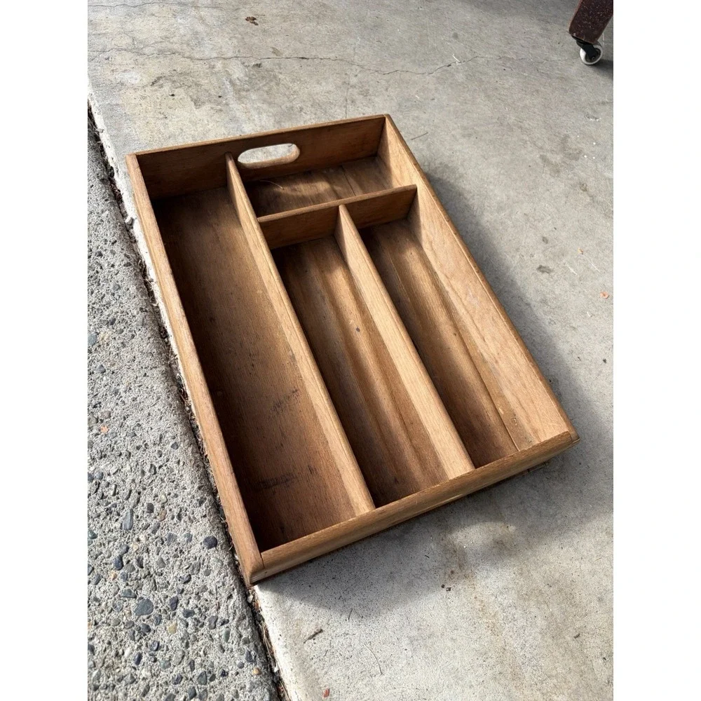 Vintage Wooden Trinket Riser Organizer Utensil Divider Tray Primitive Dovetail